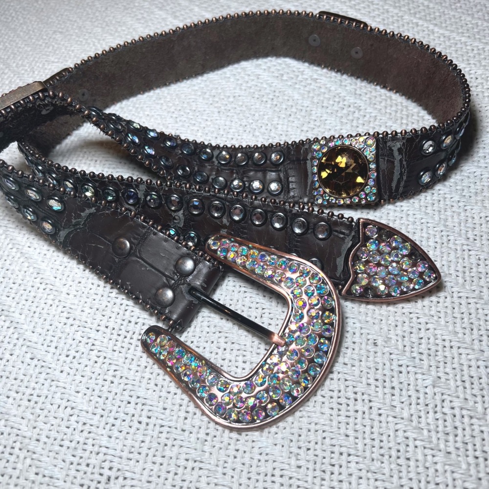 Western Rhinestone Y2K Leather Belt B AB Crystal Studded Size M/L